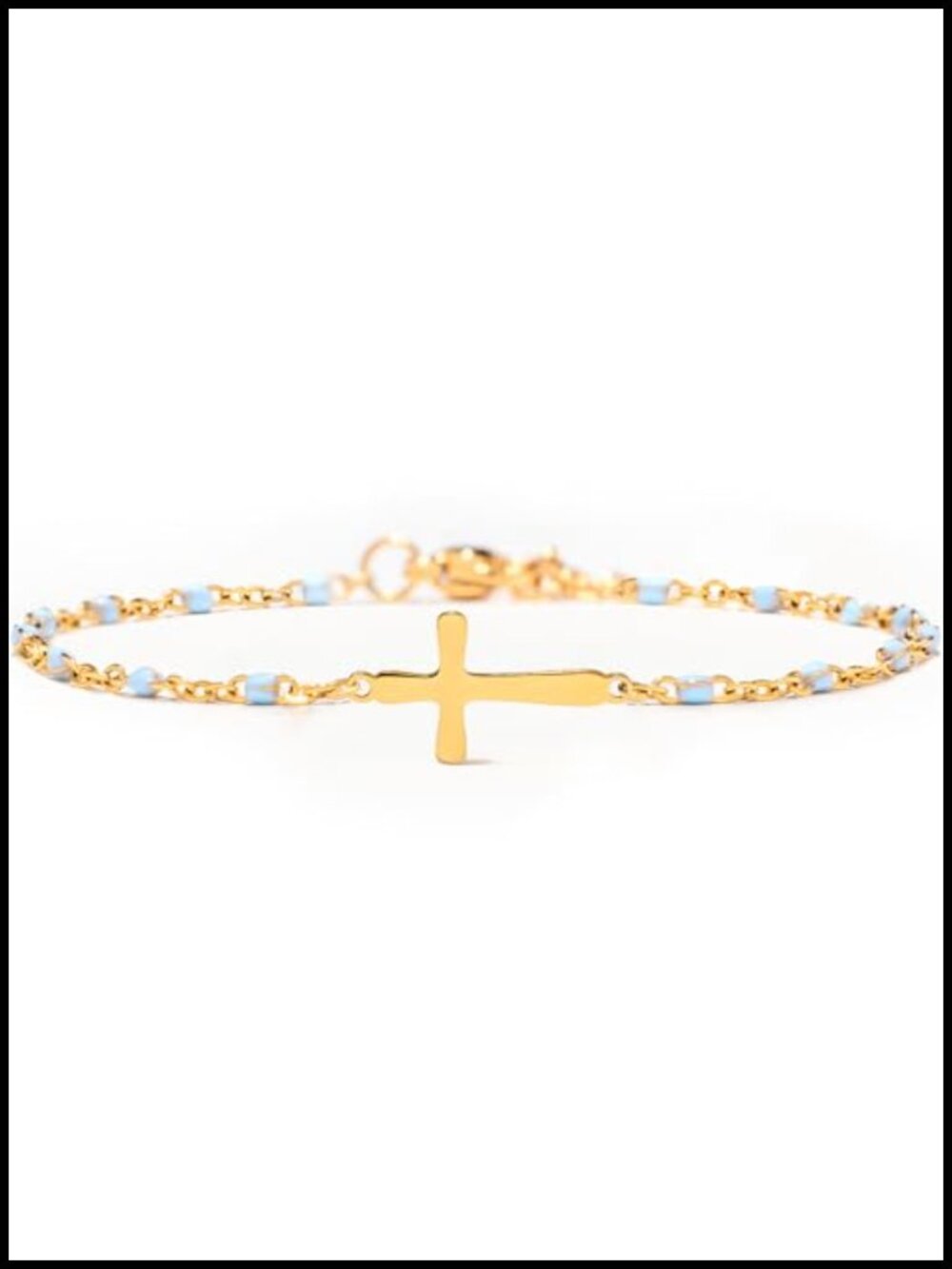 18K Gold Plated Cross Charm Bracelet for Women Blue Enamel Beaded Chain
